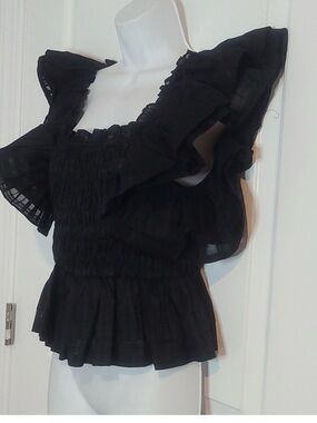 Banana Republic Black Smocked Peplum Ruffle Sleeve Top